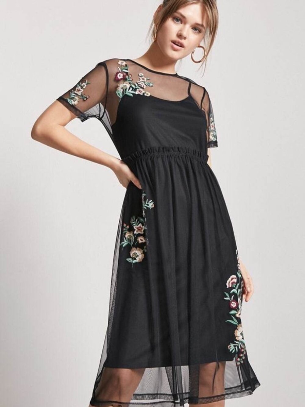 Forever 21 Black Green Embroidered Sheer Mesh Dress Medium M
